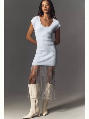 Anthropologie Blue Silver Fringe-Trim Sweater Dress